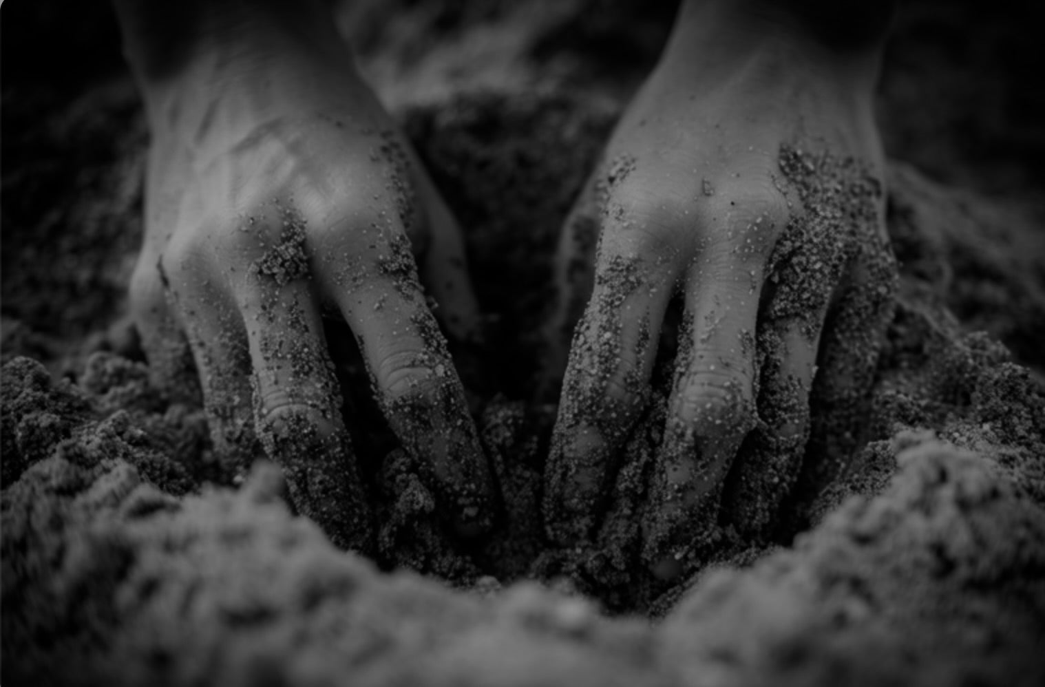 Close-up of hands with sand on them, surrounded by sand.