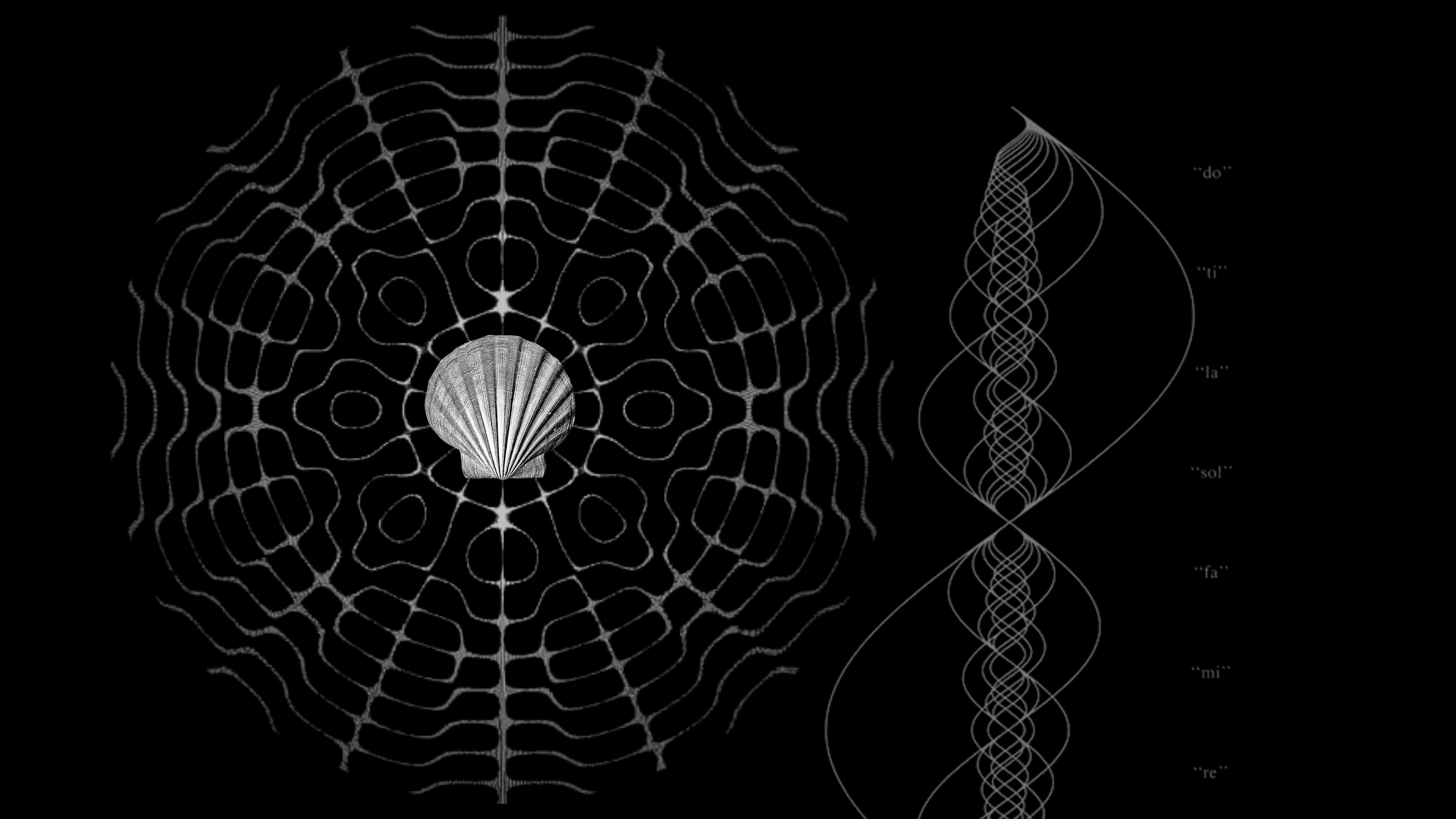 Geometric design with a central shell-like shape on a black background