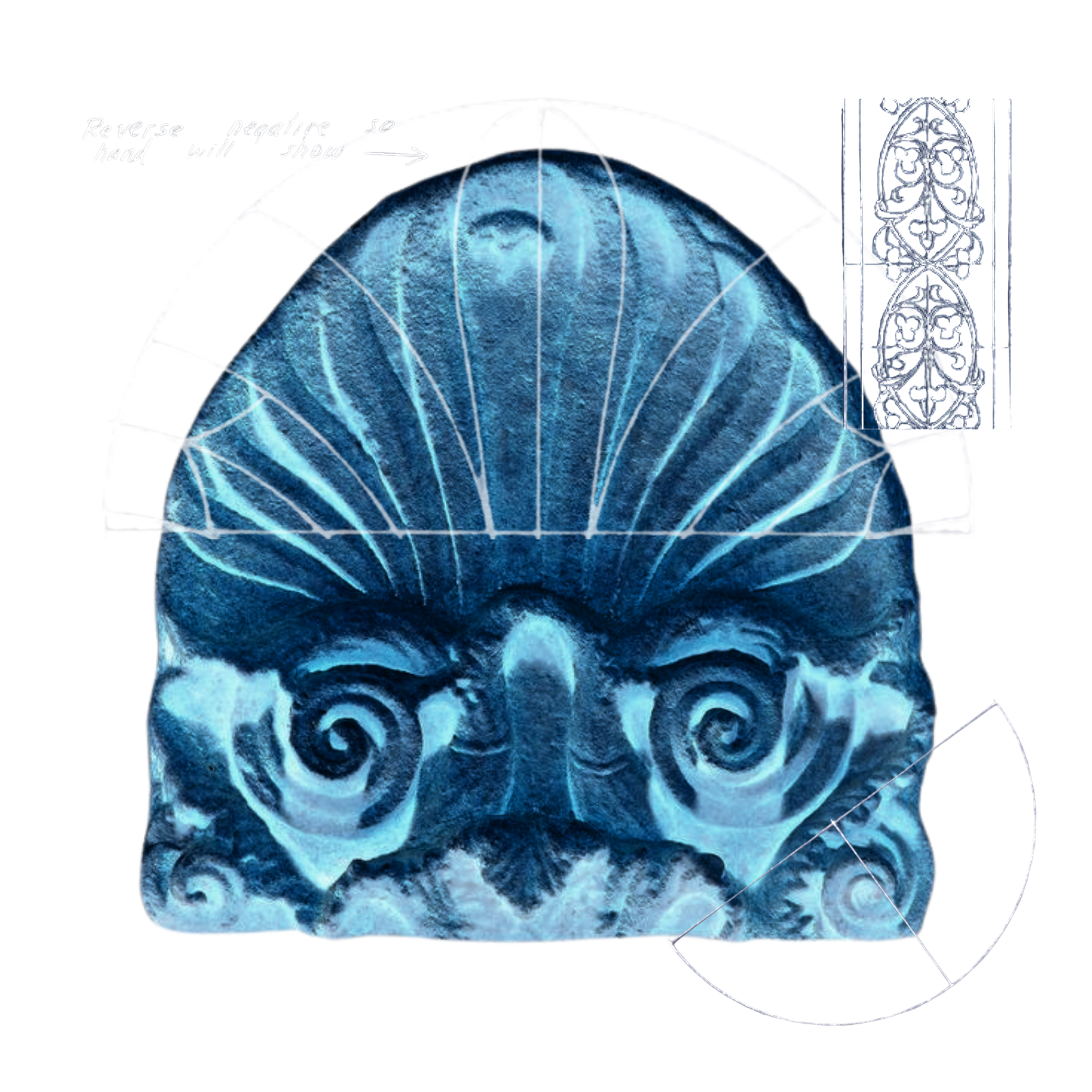 Blue shell with intricate patterns on a white background