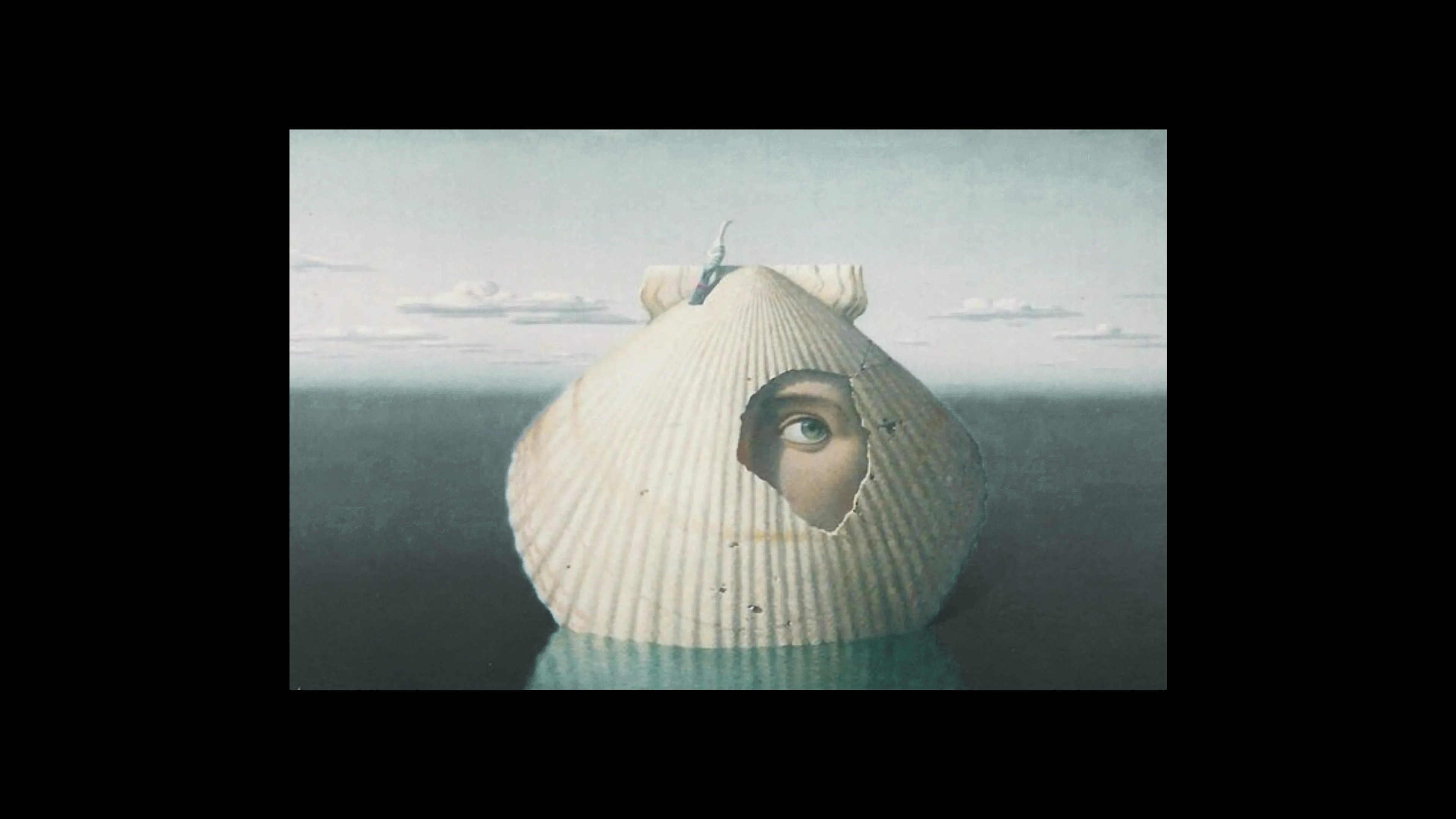 Person inside a large shell with a blurred background