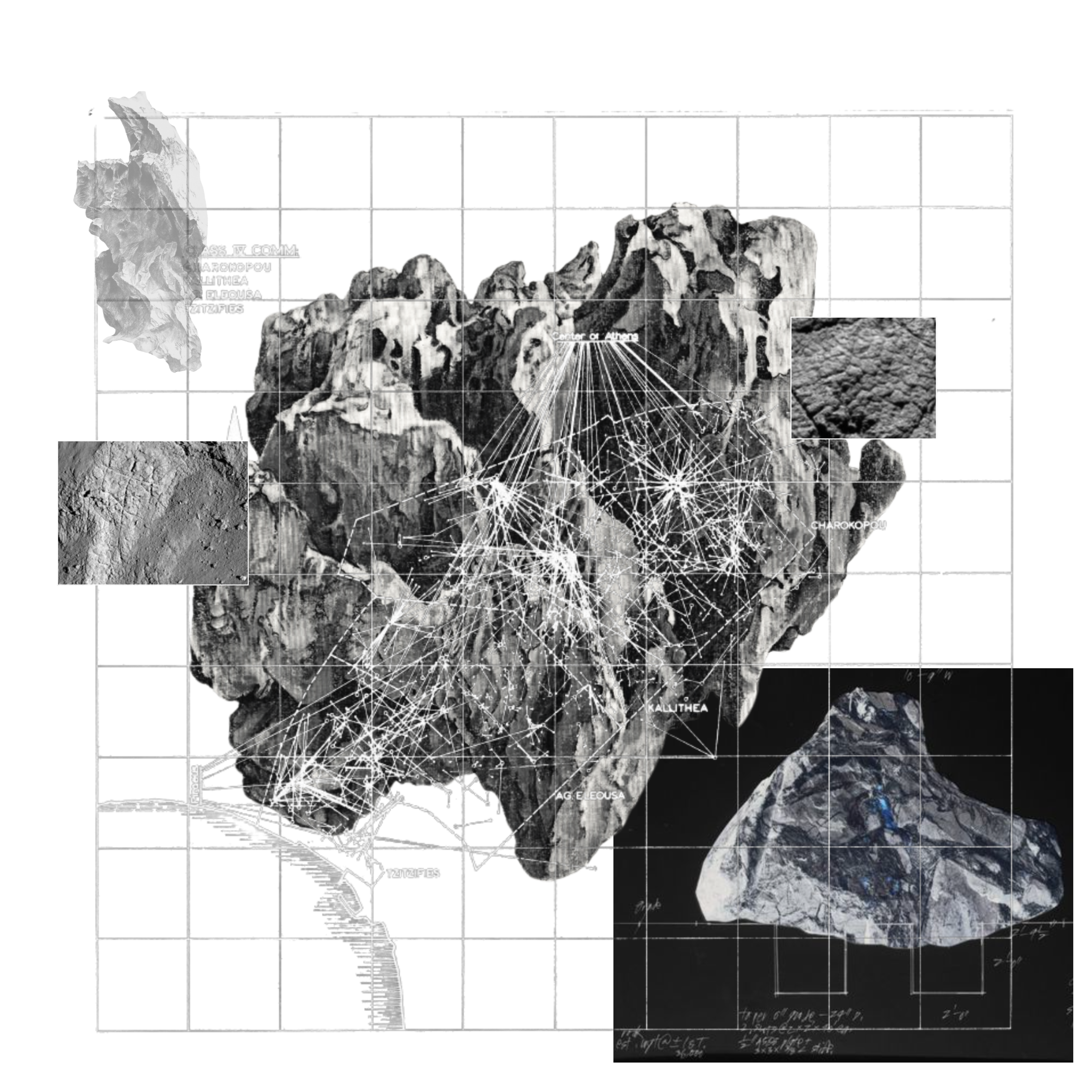 Geological map with rock samples and network-like structure on a grid background