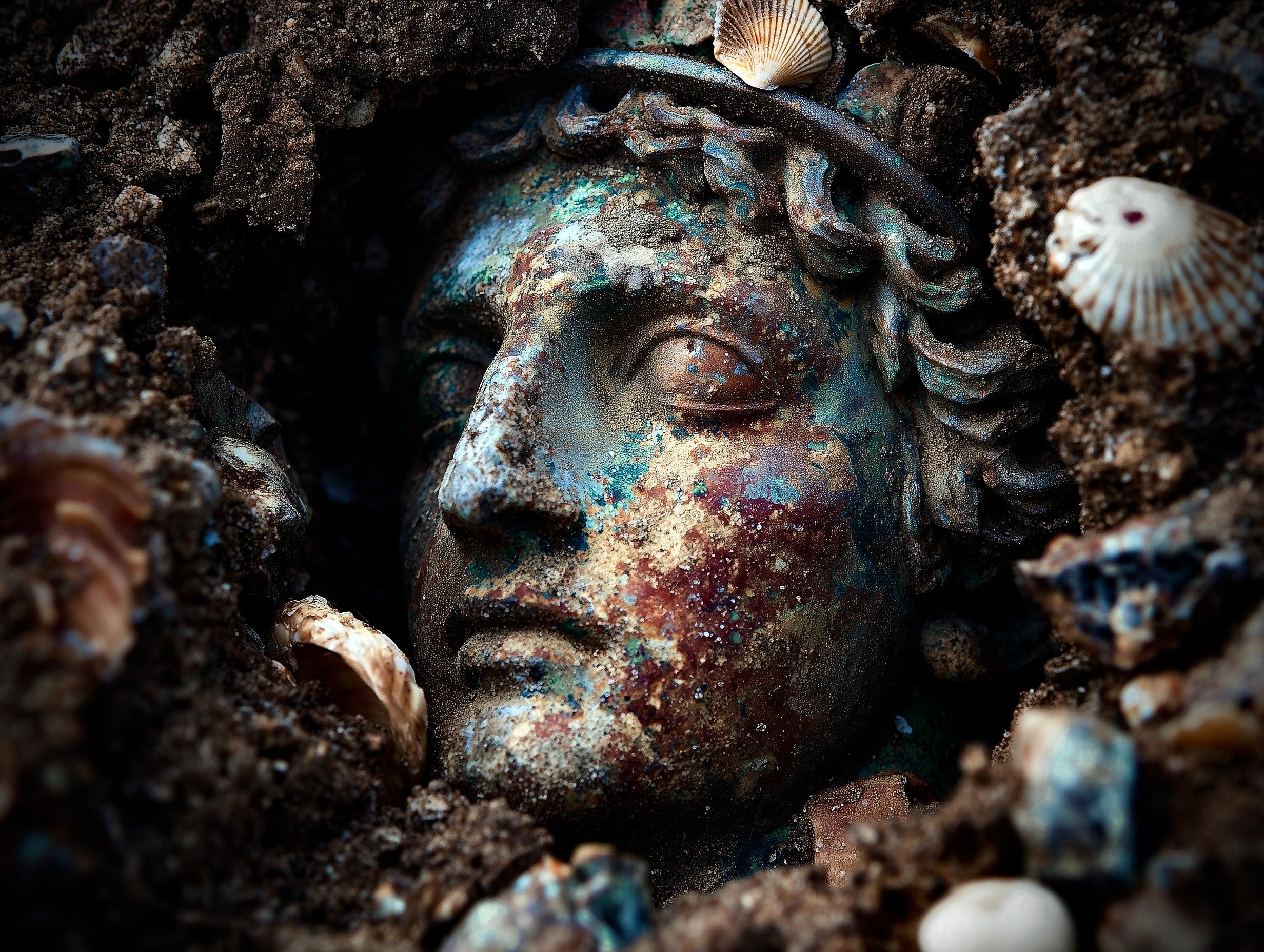 Silver head of a classical figure surrounded by shells and sediment